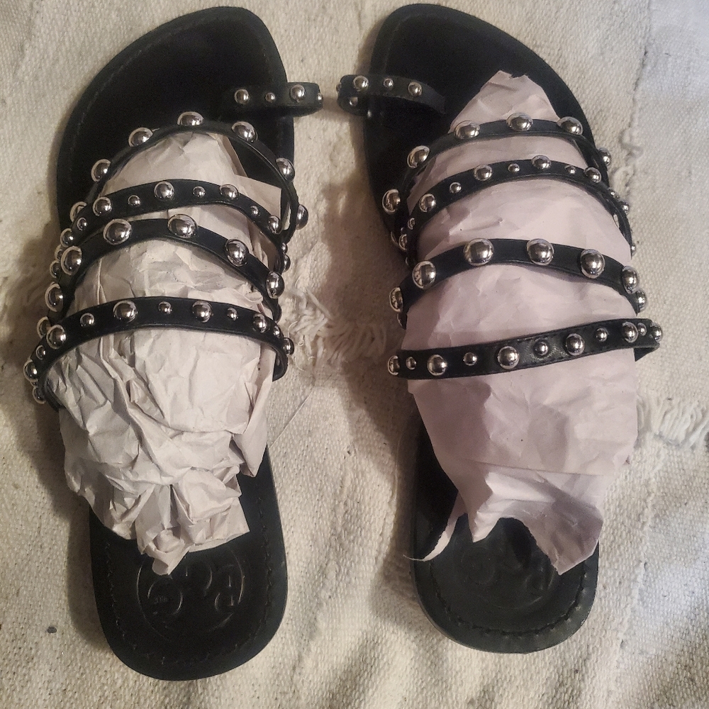 BCBG black flat leather studded sandals size 10
